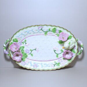 VTG Avon 2001 Oval Serving/Trinket Tray Dish Raised Duck & Flowers, 2 Handles